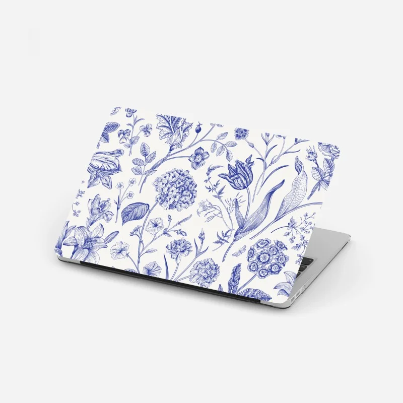 Pegatina para portátil estampado floral clásico en azul y marfil