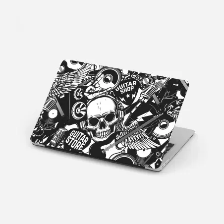 Pegatina para portátil calavera rock y guitarras en diseño monocromo – Pixers®