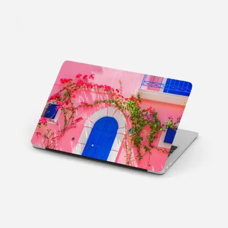 Pegatina para portátil fachada mediterránea en rosa y azul – Pixers®