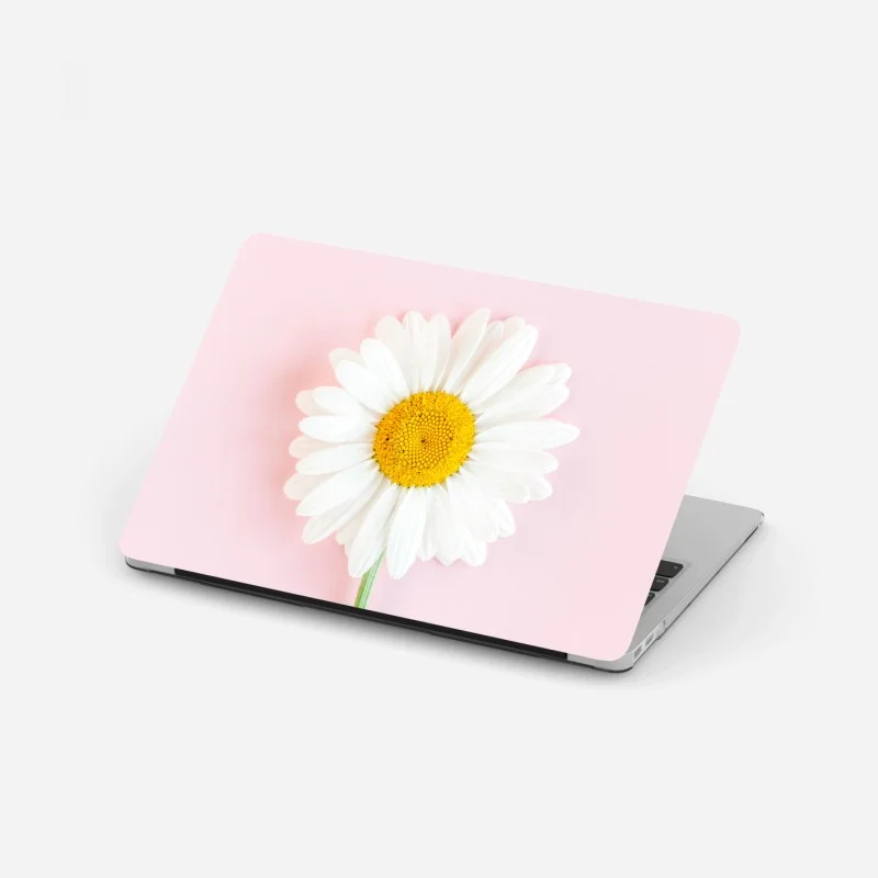 Pegatina para portátil margarita sobre fondo rosa minimalista