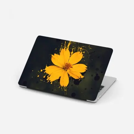 Pegatina para portátil flor amarilla con efecto salpicado sobre fondo oscuro – Pixers®