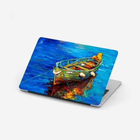 Pegatina para portátil barca al atardecer sobre aguas vibrantes – Pixers®