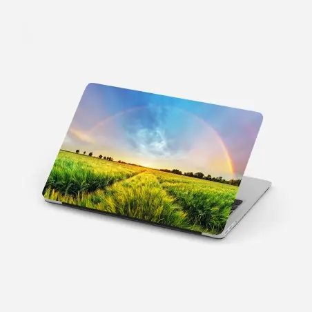 Pegatina para portátil arcoíris sobre campo de trigo al atardecer – Pixers®