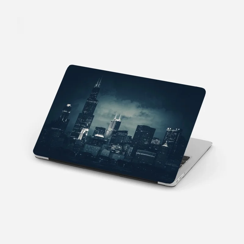 Pegatina para portátil panorámica nocturna de Chicago en azul oscuro
