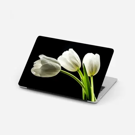 Pegatina para portátil elegancia de tulipanes blancos sobre fondo negro – Pixers®