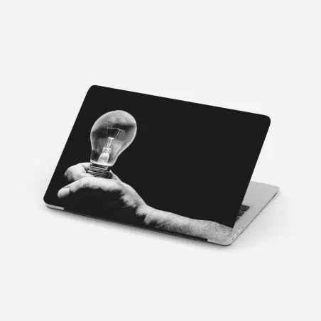 Pegatina para portátil mano sosteniendo bombilla en blanco y negro – Pixers®