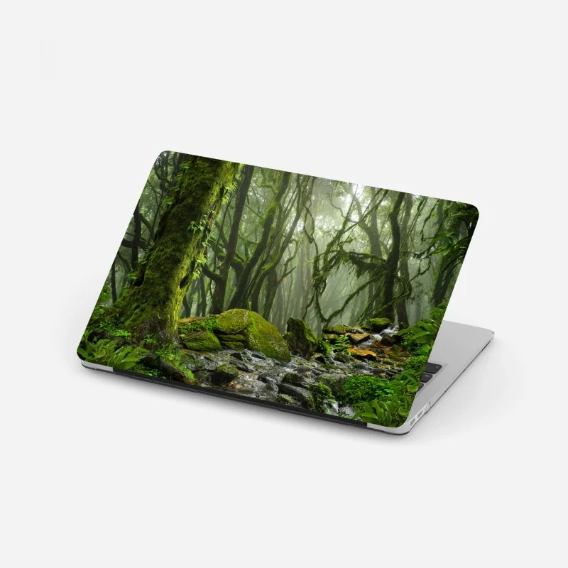 Pegatina para portátil bosque húmedo con arroyo entre rocas