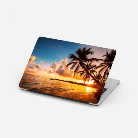Pegatina para portátil puesta de sol con palmeras en la playa de República Dominicana – Pixers®