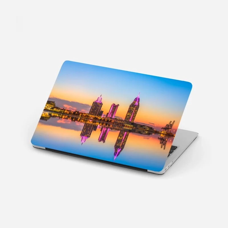 Pegatina para portátil amanecer en Mobile: horizonte urbano reflejado