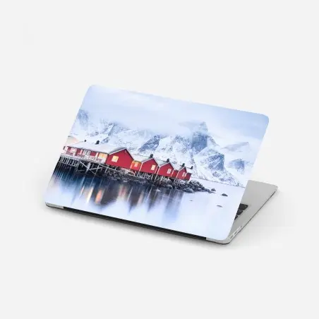 Pegatina para portátil amanecer en Lofoten: cabañas rojas sobre el fiordo – Pixers®