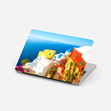 Pegatina para portátil amanecer en Santorini: cúpulas azules y casas blancas – Pixers®