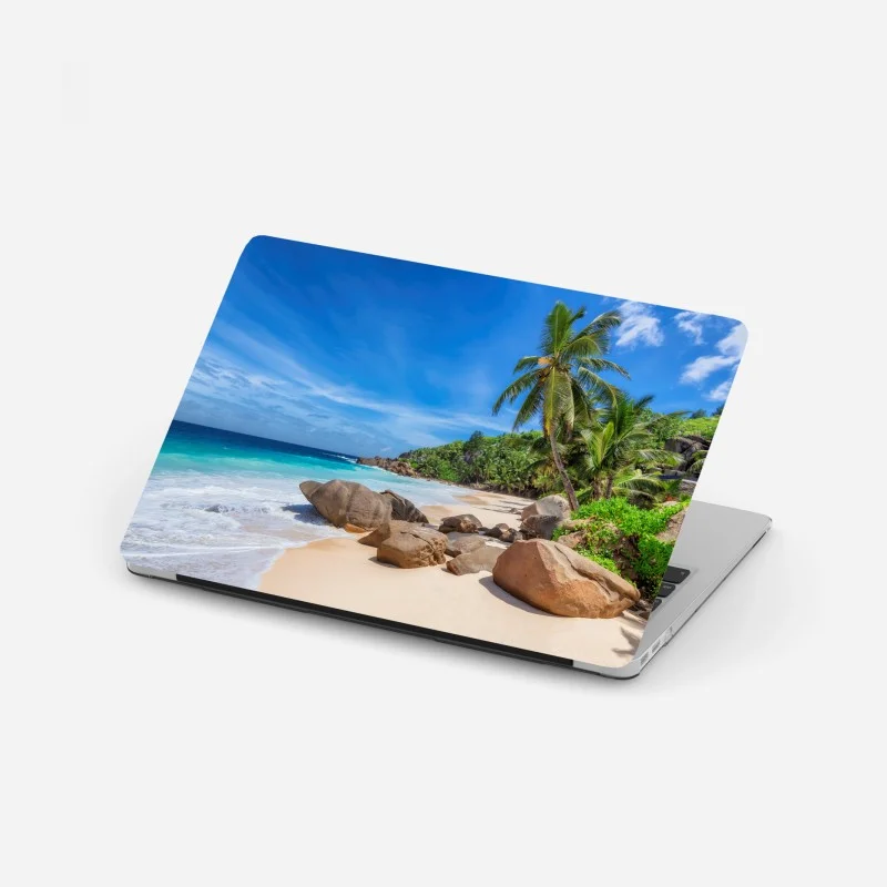 Pegatina para portátil escena de playa tropical con palmeras y rocas