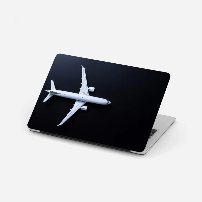 Pegatina para portátil silueta aérea minimalista de avión blanco sobre fondo negro