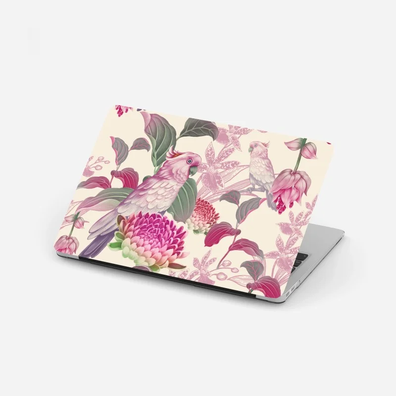 Pegatina para portátil cacatúas y flores tropicales en tonos pastel