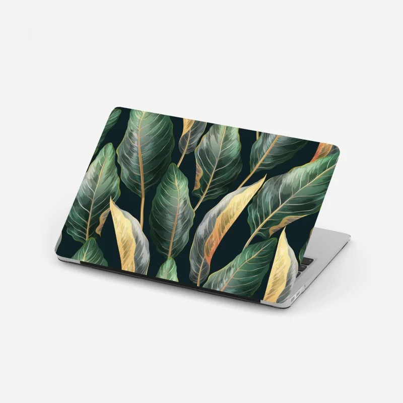 Pegatina para portátil diseño tropical de hojas exóticas sobre fondo oscuro