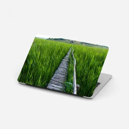 Pegatina para portátil sendero de madera entre juncos hacia la cabaña – Pixers®