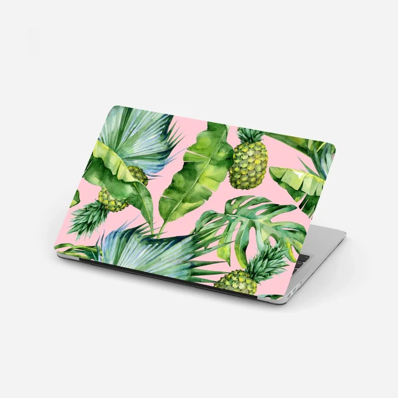 Pegatina para portátil diseño tropical acuarelado de piñas y hojas verdes