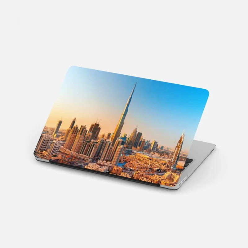Pegatina para portátil amanecer sobre Dubai: horizonte icónico con Burj Khalifa