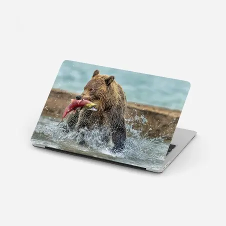 Pegatina para portátil oso pardo capturando salmón en plena acción – Pixers®