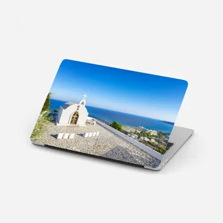 Pegatina para portátil capilla blanca con vista al mar en Faliraki, Grecia – Pixers®