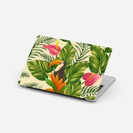 Pegatina para portátil estampado tropical con tucán y hojas exuberantes – Pixers®