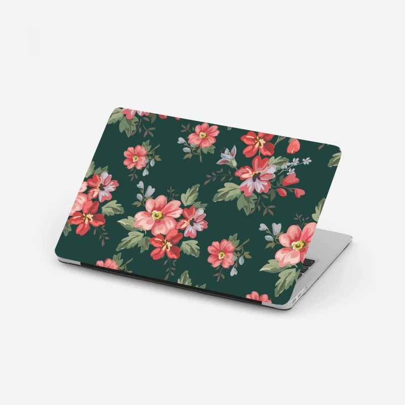 Pegatina para portátil patrón floral vintage en tonos rosa y rojo sobre fondo verde oscuro