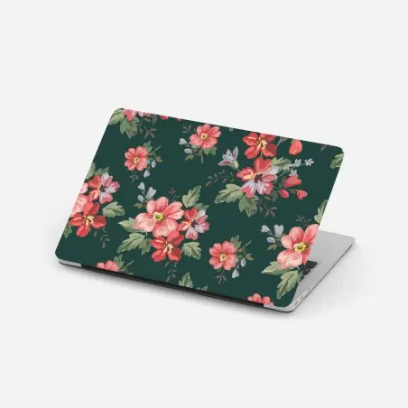 Pegatina para portátil patrón floral vintage en tonos rosa y rojo sobre fondo verde oscuro – Pixers®