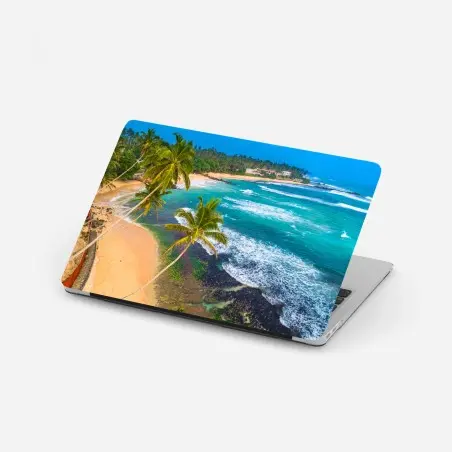 Pegatina para portátil paisaje tropical de playa con palmeras y olas – Pixers®