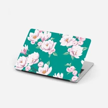 Pegatina para portátil estampado de magnolias blancas sobre fondo verde azulado – Pixers®