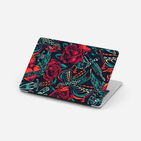 Pegatina para portátil diseño retro de rosas y golondrinas con actitud rock – Pixers®