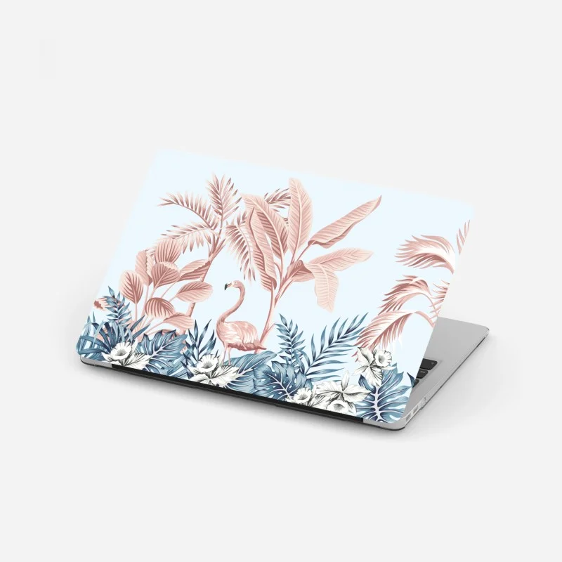Pegatina para portátil escena tropical con flamenco en tonos rosa y azul