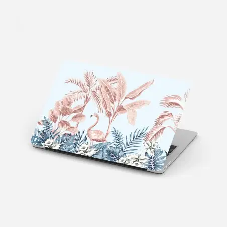 Pegatina para portátil escena tropical con flamenco en tonos rosa y azul – Pixers®