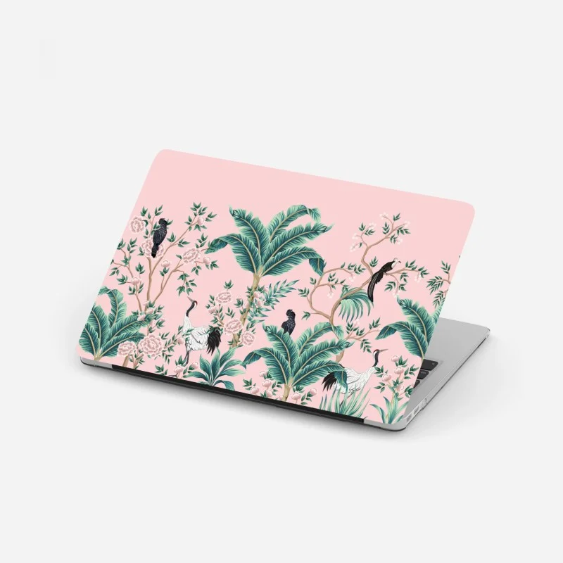 Pegatina para portátil escena tropical de aves y flores sobre fondo rosa