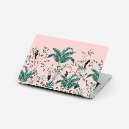 Pegatina para portátil escena tropical de aves y flores sobre fondo rosa – Pixers®