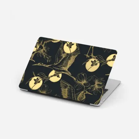Pegatina para portátil estampado elegante de garzas y flores doradas sobre fondo oscuro – Pixers®