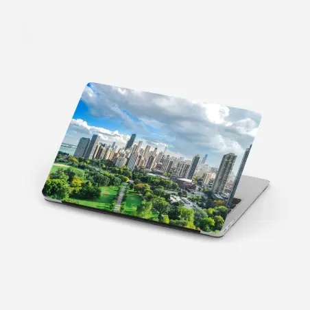 Pegatina para portátil panorama urbano de Chicago con parque y lago – Pixers®