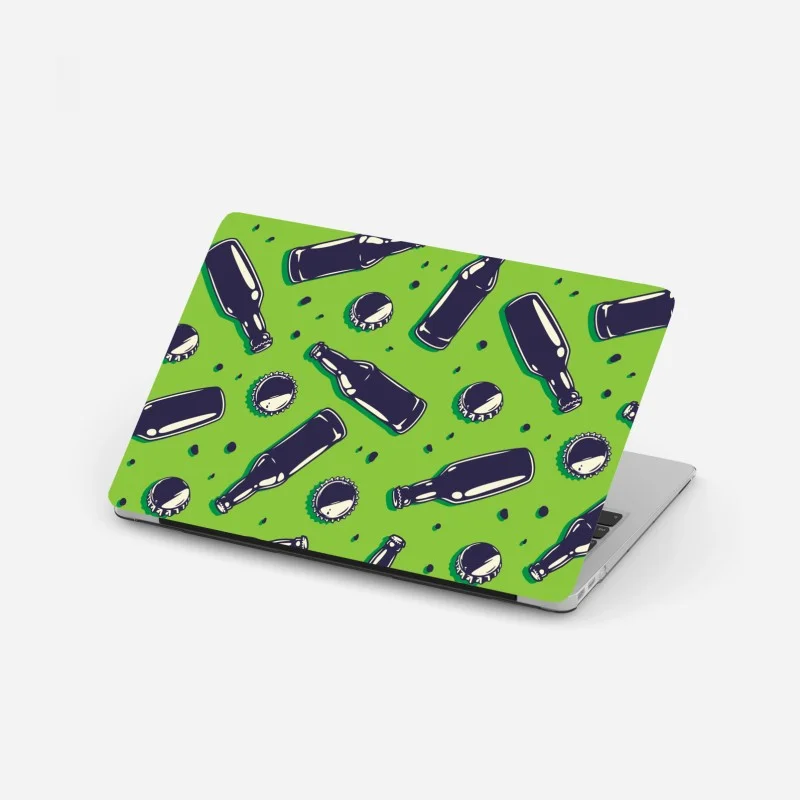Pegatina para portátil patrón pop de botellas y tapones sobre fondo verde