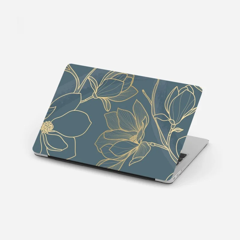 Pegatina para portátil magnolias en trazos dorados sobre fondo azul