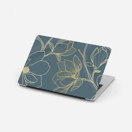 Pegatina para portátil magnolias en trazos dorados sobre fondo azul – Pixers®