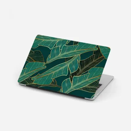 Pegatina para portátil diseño de hojas tropicales doradas sobre fondo verde oscuro – Pixers®