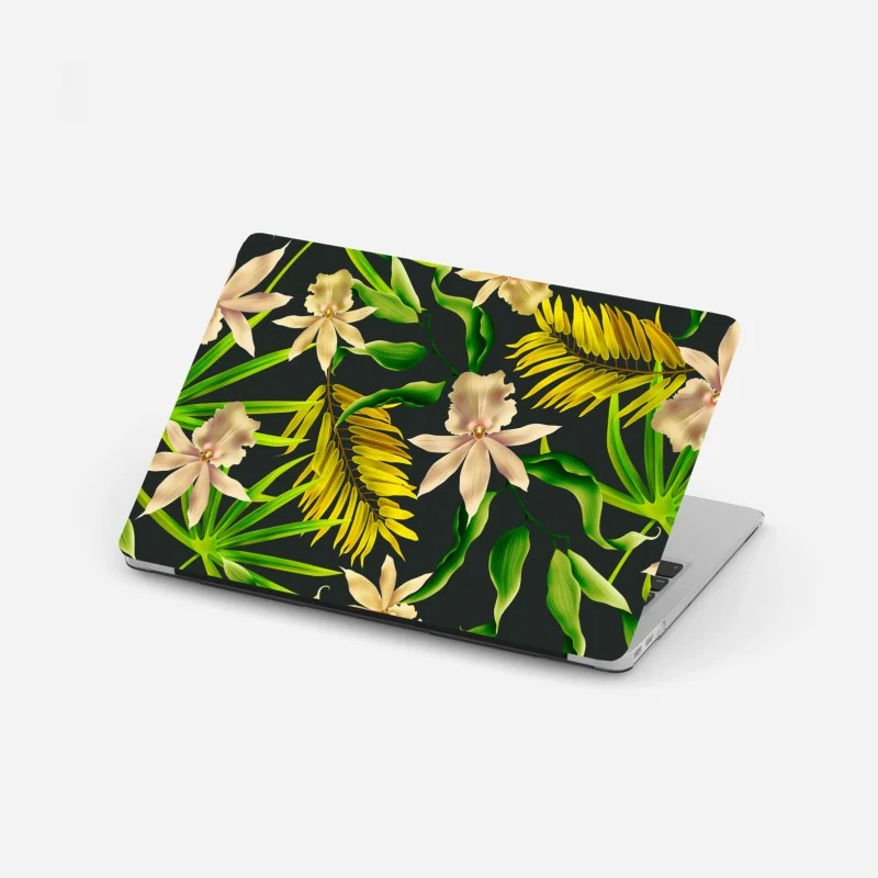 Pegatina para portátil estampado tropical de orquídeas sobre fondo oscuro