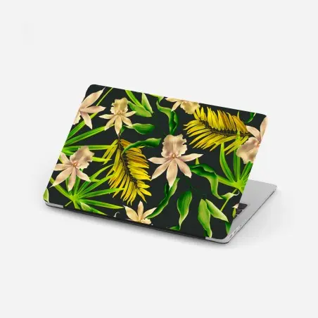 Pegatina para portátil estampado tropical de orquídeas sobre fondo oscuro – Pixers®