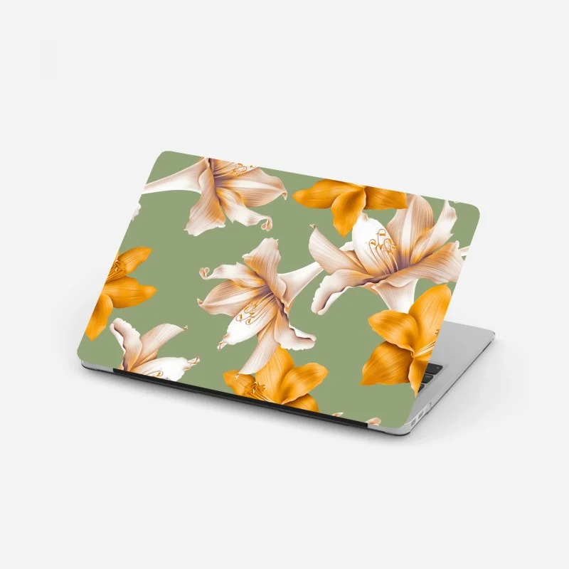 Pegatina para portátil diseño de lirios dorados sobre fondo verde