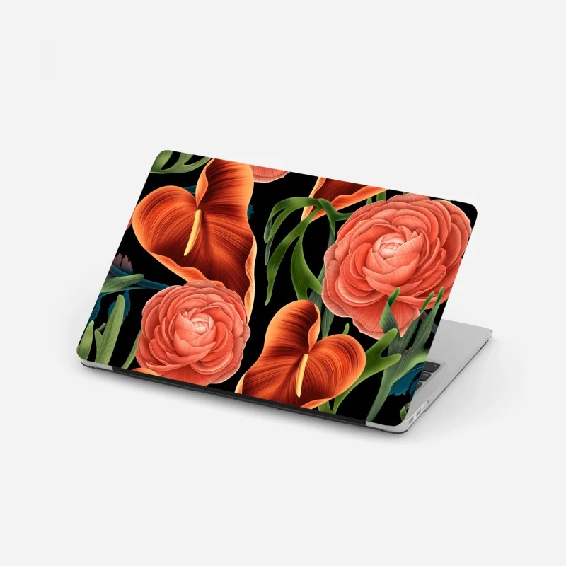 Pegatina para portátil patrón floral de anthuriums y ranúnculos sobre fondo negro