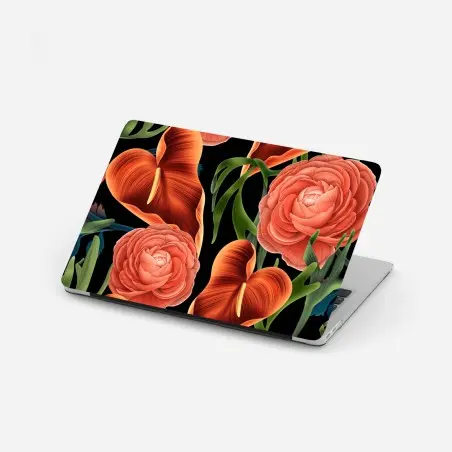 Pegatina para portátil patrón floral de anthuriums y ranúnculos sobre fondo negro – Pixers®