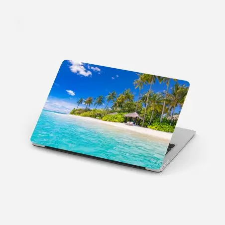 Pegatina para portátil escena de playa tropical con palmeras y aguas turquesa – Pixers®