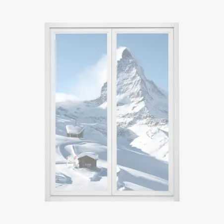 Pegatina para ventana paisaje alpino nevado con pico majestuoso – Pixers®
