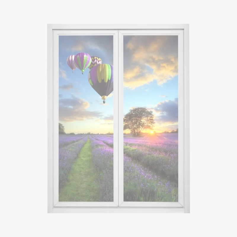 Pegatina para ventana puesta de sol sobre campos de lavanda y globos aerostáticos
