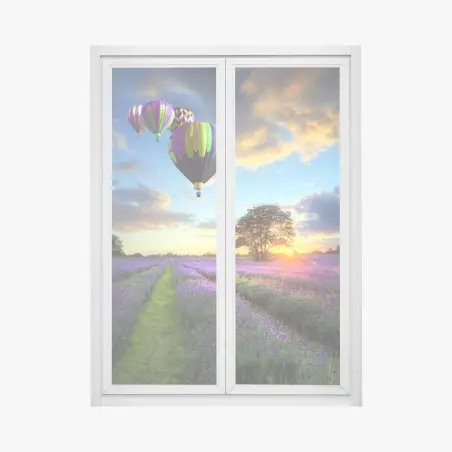 Pegatina para ventana puesta de sol sobre campos de lavanda y globos aerostáticos – Pixers®