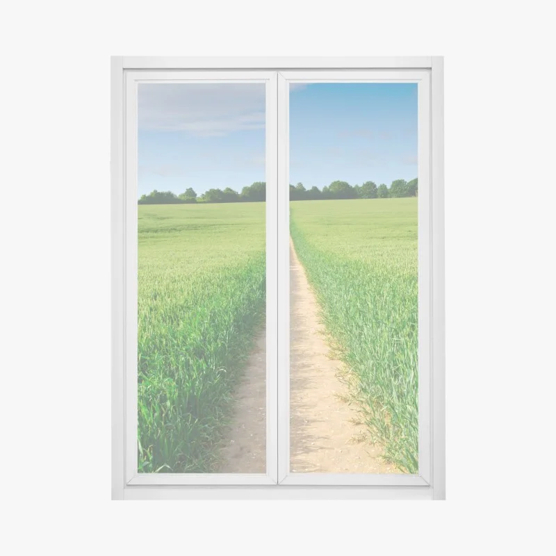 Pegatina para ventana camino entre campos verdes al horizonte